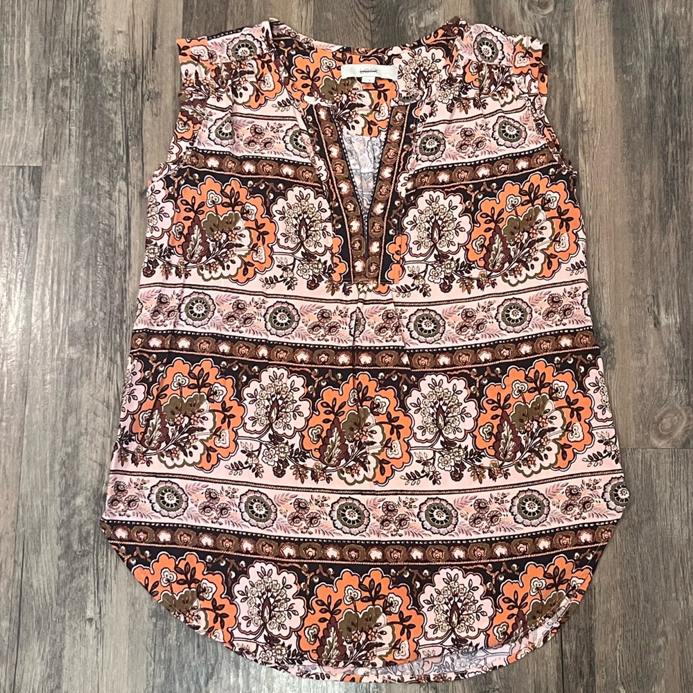 Loft Sleeveless Floral Print Pink Orange V Neck Blouse Women- Medium